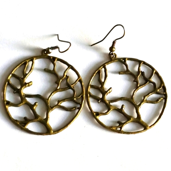 Tree earrings circle branch of life dark gold tone metal - Picture 1 of 7